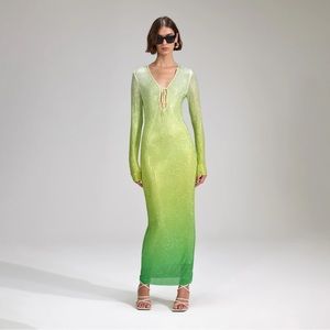 [SOLD] Self-Portrait Green Rhinestone Mesh Keyhole Maxi Dress Gradient NWOT